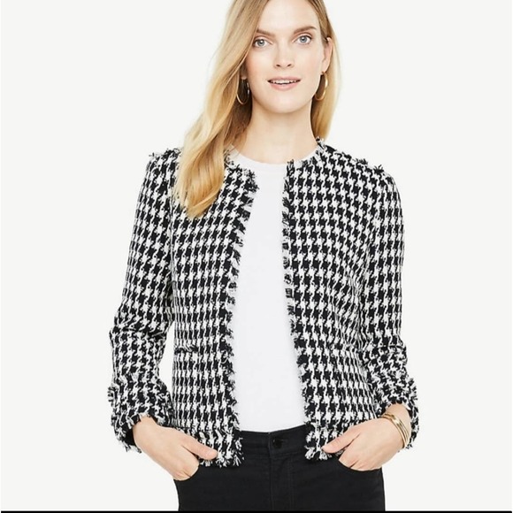 Ann Taylor Houndstooth Fringe Blazer Jacket Black White Size 4 - Picture 1 of 13